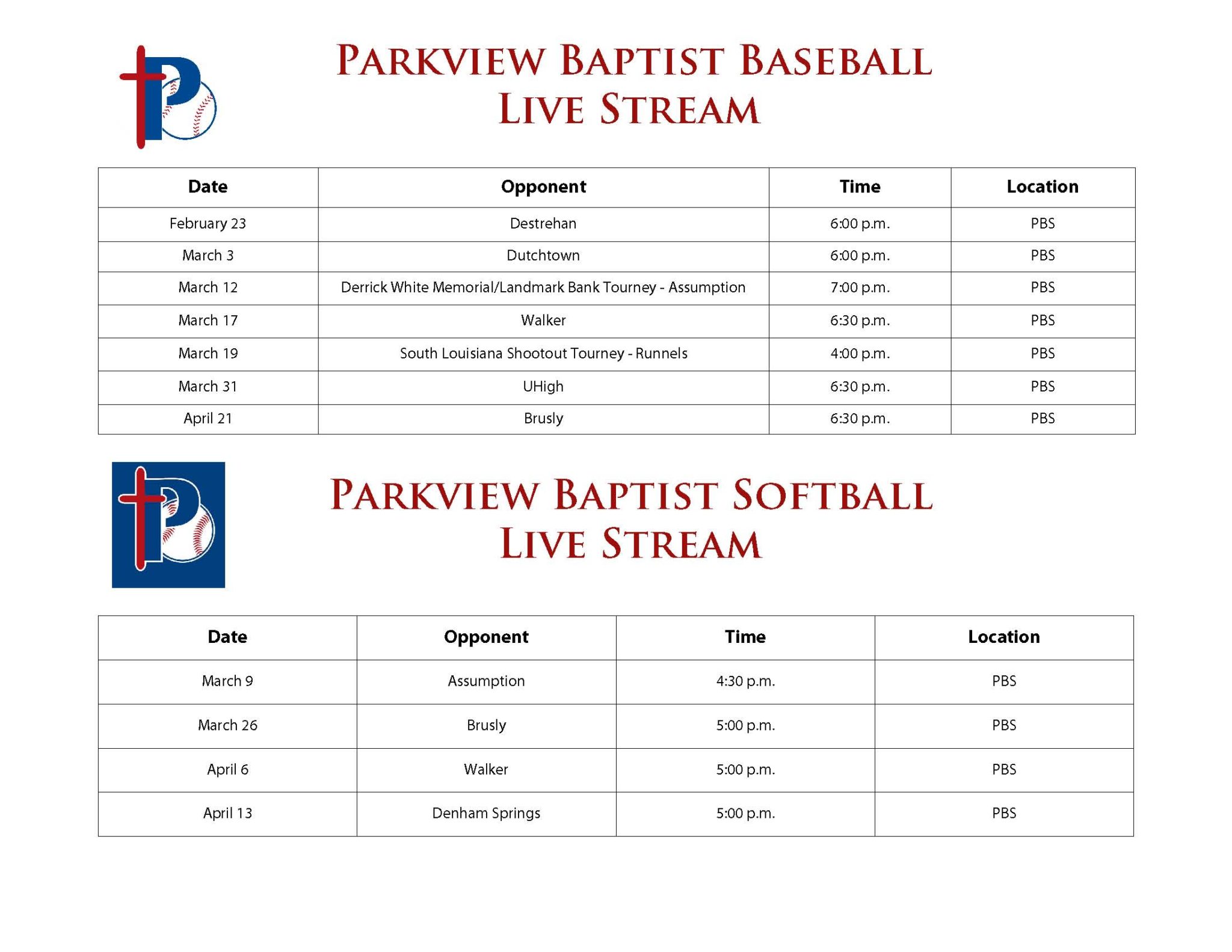 Baseball and Softball Live Stream Schedule Parkview Baptist